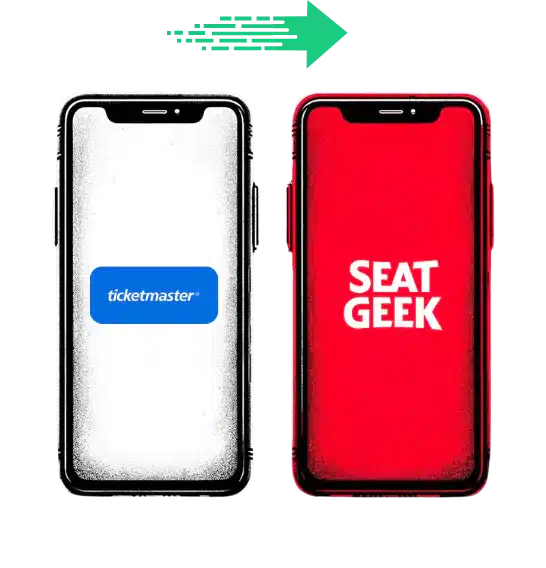 Two smartphones side-by-side. The screen on the left displays the Ticketmaster logo, the screen on the right displays the SeatGeek logo. an arrow points to the direction of transfer of tickets from ticketmaster to seatgeek