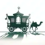 a minimalistic and elegant take on a fantasy game world, inspired by Silkroad Online. the photo features a prominent caravan silhouette in shades of green and black against a stark white background.
