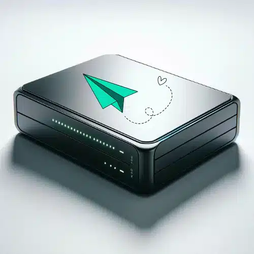 A product image of a sleek, modern router with a decorative top displaying a paper airplane icon, indicating connectivity and data transmission.