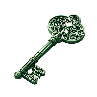 ornate, fantasy-styled key with intricate designs, predominantly green, displayed against a transparent background. The handle of the key is decorated with swirls and Celtic-inspired patterns.