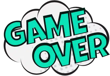 Stylized text graphic with the words "GAME OVER" in large green letters, with a cloud-like outline and pixelated detail, suggesting a retro video game theme.