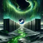A digital artwork of a fantastical landscape with rows of server racks lining a pathway under a green aurora in a night sky. The Steam logo is superimposed in the center with the logo of "V6PROXIES" at the bottom.