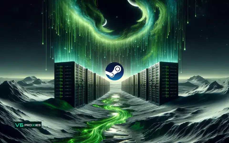 A digital artwork of a fantastical landscape with rows of server racks lining a pathway under a green aurora in a night sky. The Steam logo is superimposed in the center with the logo of "V6PROXIES" at the bottom.