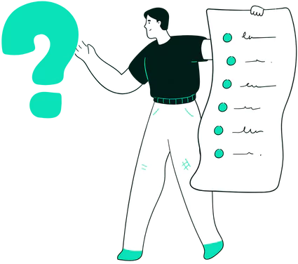 A graphic illustration of a person standing next to a giant checklist on a clipboard, with a prominent question mark above their head, indicating confusion or decision-making.