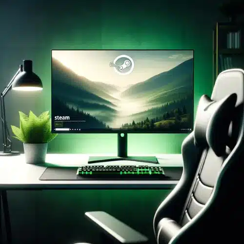 A neatly organized gaming setup featuring a monitor with the Steam platform on the screen, a mechanical keyboard, and a gaming chair. The room has ambient green lighting and a decorative plant and speaker on the desk.