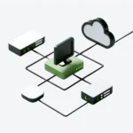 A photo-realistic, minimalistic image of a simplified network diagram showing a single computer in black, a proxy server icon in green, and the internet cloud symbol, all connected by straight lines on a clean, white background.