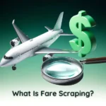 An image with the text "What Is Fare Scraping?" There is an airplane, a magnifying glass and a dollar sign next to the text.