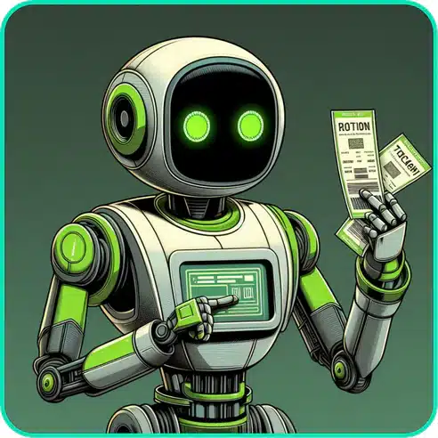 An illustration of a robot wearing a bow tie. The robot seems cheerful or friendly. It holds a receipt with listed prices and the word "ticket" below it.
