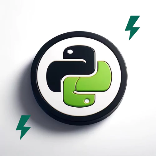 Black and green logo with two lightning bolts for Python programming language on a white background.