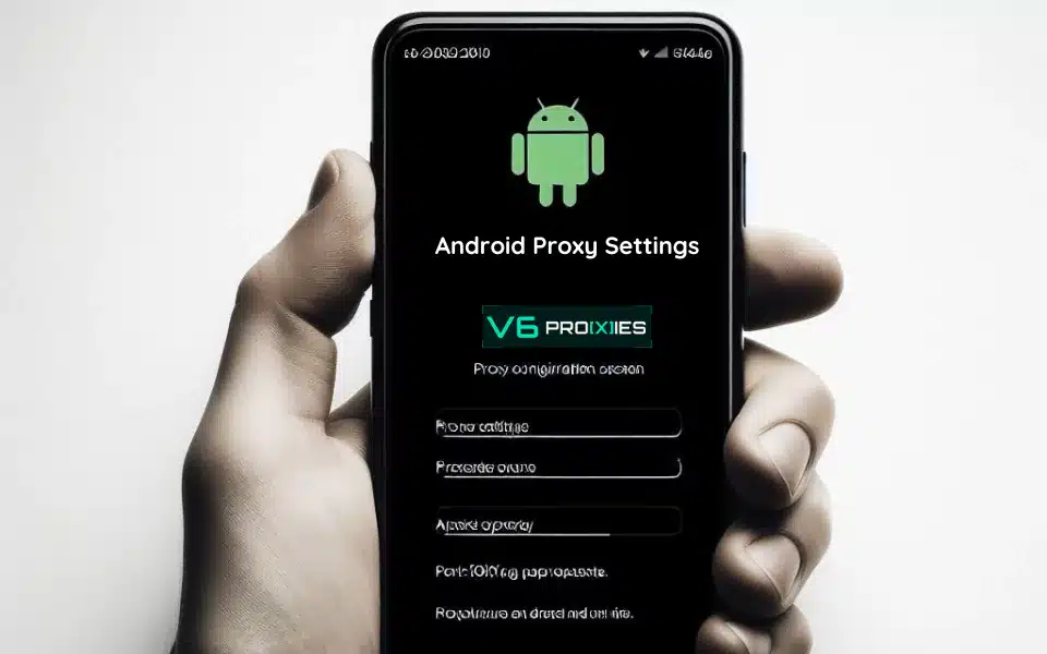 A person holding a black Android phone in portrait position. The phone screen displays "Android Proxy Settings" with additional text below that is blurry and unreadable
