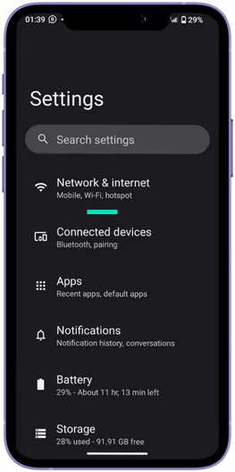 A screenshot of a mobile phone settings screen. The phone has 29% battery remaining and the time is 1:39. The text at the top of the screen says "Settings" and there is a search bar below that. There is a list of menu options including "Network & internet", "Connected devices", "Apps", "Notifications", "Battery", and "Storage". The storage bar shows that 28% of storage is used.