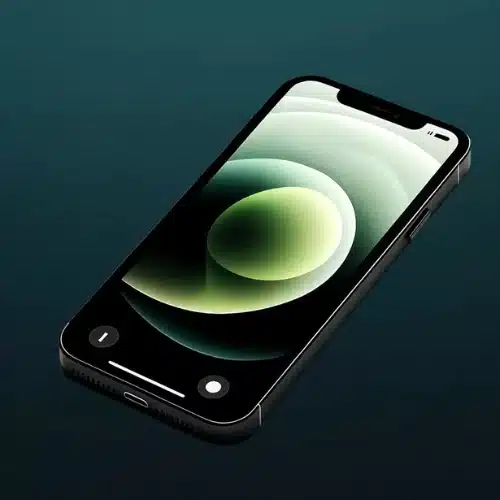 A close-up of a black smartphone with a green screen on a blue background.