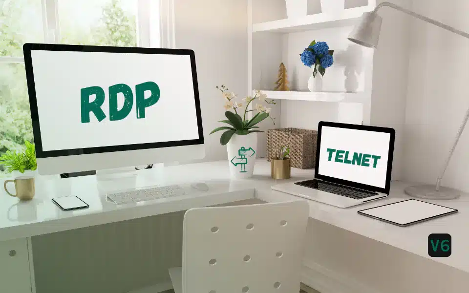 A desk with a laptop computer and a desktop computer. There is a label on the desktop computer that says “RDP” and “V6”. There is also another label that says “TELNET”