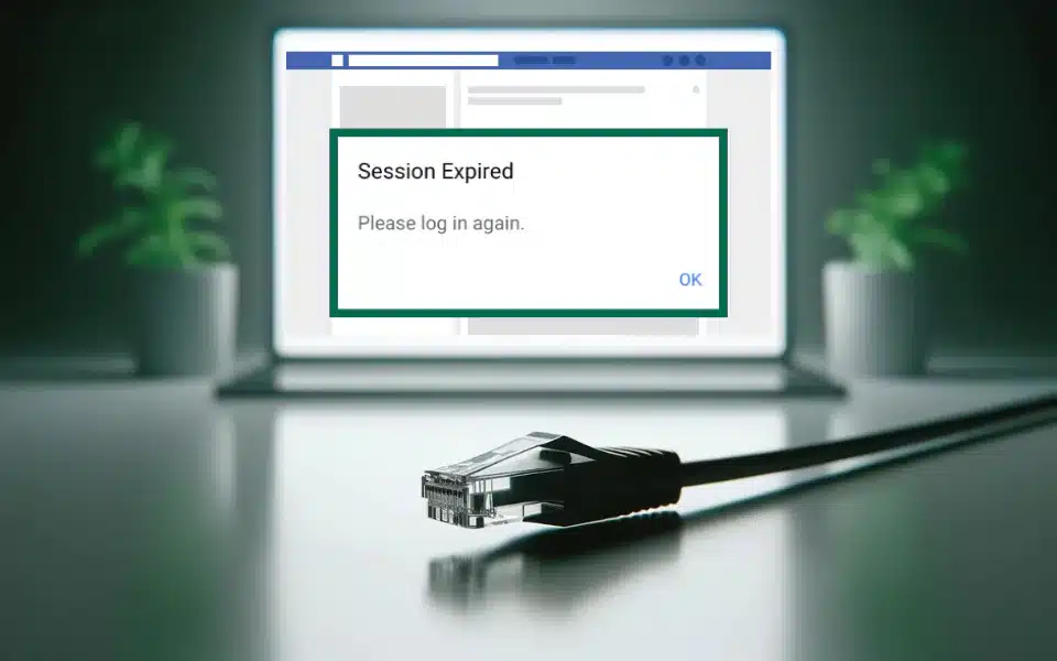 a computer monitor on a desk displaying a message that reads "Session Expired Please log in again" with an "OK" button. In the foreground, an Ethernet cable is prominently displayed, unplugged, resting on the desk. The background is dimly lit with a green potted plant on the left side, providing a contrast to the technology theme. The overall setting suggests a focus on facebook session expired issues, with the unplugged Ethernet cable possibly being a metaphor for disconnected or interrupted service.