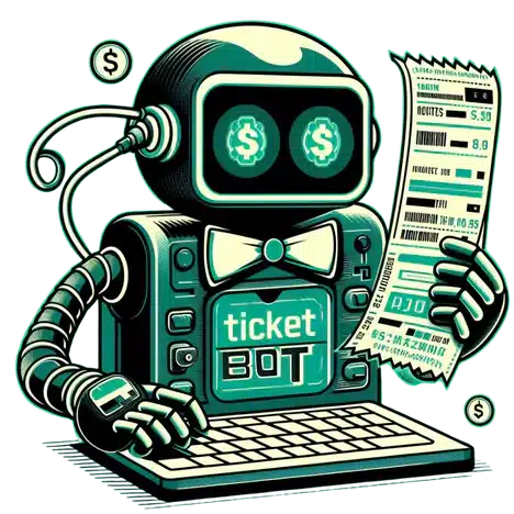 An illustration of a friendly-looking robot wearing a bow tie. The robot is holding a receipt with prices listed on it. The text on the receipt reads "$5.50", "$8.00", "0.55", and "AJO". Below the receipt is the word "ticket" written in all caps