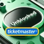 a 3D rendering of a large, central button with the word "Unblocked" on it, situated on a smartphone screen. The button has a glossy surface and is surrounded by other smaller buttons and icons, some of which are open locks and tickets. The color scheme is various shades of green, with leaf patterns in the background, suggesting a theme of accessibility. The logo of "Ticketmaster" is prominently displayed in the lower center. so it reads ticketmaster unblocked.