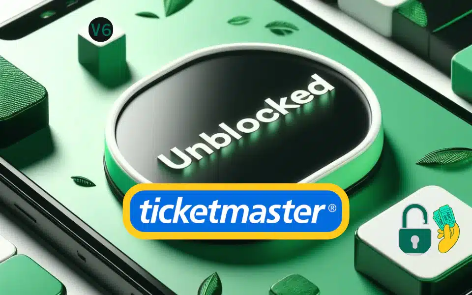 a 3D rendering of a large, central button with the word "Unblocked" on it, situated on a smartphone screen. The button has a glossy surface and is surrounded by other smaller buttons and icons, some of which are open locks and tickets. The color scheme is various shades of green, with leaf patterns in the background, suggesting a theme of accessibility. The logo of "Ticketmaster" is prominently displayed in the lower center. so it reads ticketmaster unblocked.