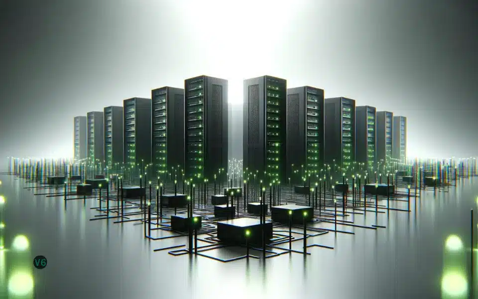 A row of black server cases in a data center. The servers have green lights blinking on their front panels. There is a label "V6" on the front of one of the servers.