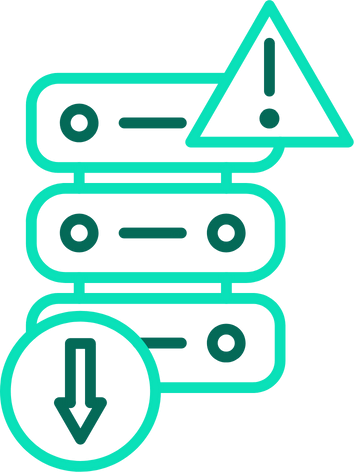 A line drawing of a stack of servers. There is an arrow pointing up next to the stack and a warning sign on the left side. The background is gray