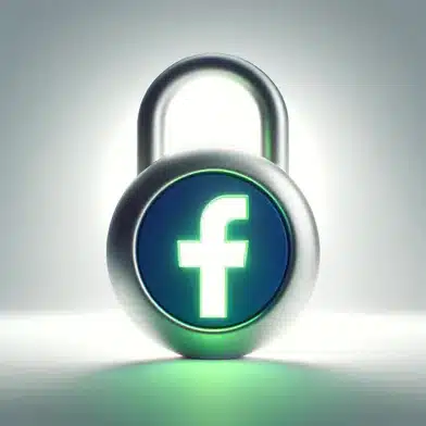a padlock with a glowing green emblem that resembles facebook logo
