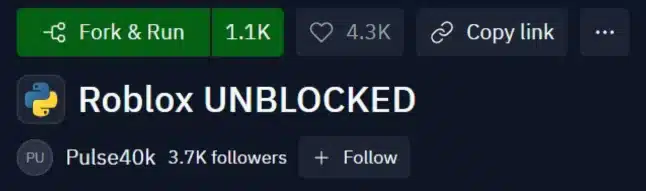 Screenshot of a Twitch stream titled "Roblox Unblocked." The streamer's username appears to be "Fork & Run" and they have 1.1K viewers and 4.3K followers