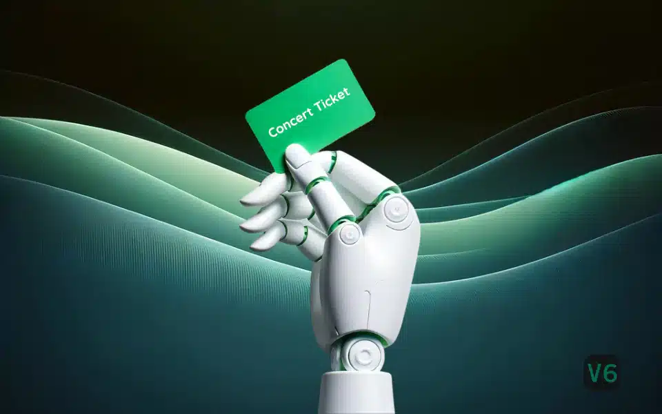 A close-up of a metallic robotic hand holding a green concert ticket. The text on the ticket reads "Concert Ticket" in large letters