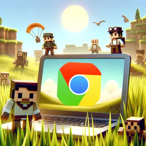 Laptop computer on grass with Minecraft characters and Google Chrome logo visible on screen