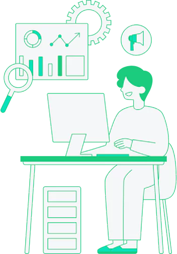 depicts an illustration of a person seated at a desk, working on a desktop computer. They are engaged with what appears to be data analysis, as suggested by the charts and magnifying glass icon above the computer