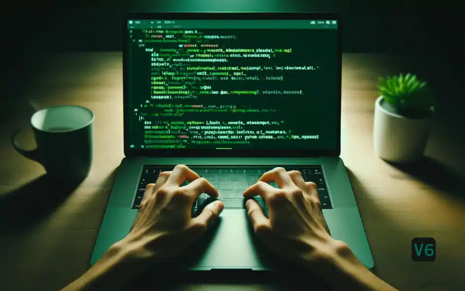 A person is sitting at a desk typing on a laptop computer. The laptop screen is green. There is text on the laptop screen that appears to be code or gibberish