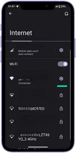 A screenshot of a phone's internet settings menu. The signal strength indicator shows full signal bars and the battery is 29% charged. The time is 1:47. "Mobile data" is turned off and "Wi-Fi" is connected to a network named "YQ_2.4GHz" with the MAC address "16100074C97E0" displayed underneath.