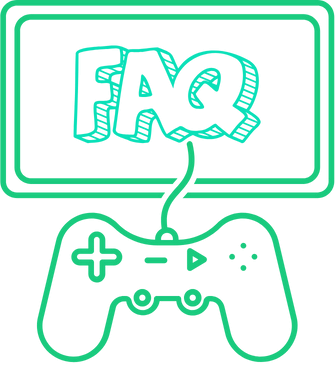 a simple, stylized line drawing in green on a transparent background. It features a video game controller connected by a line to a monitor displaying the letters "FAQ" in a bubble font.