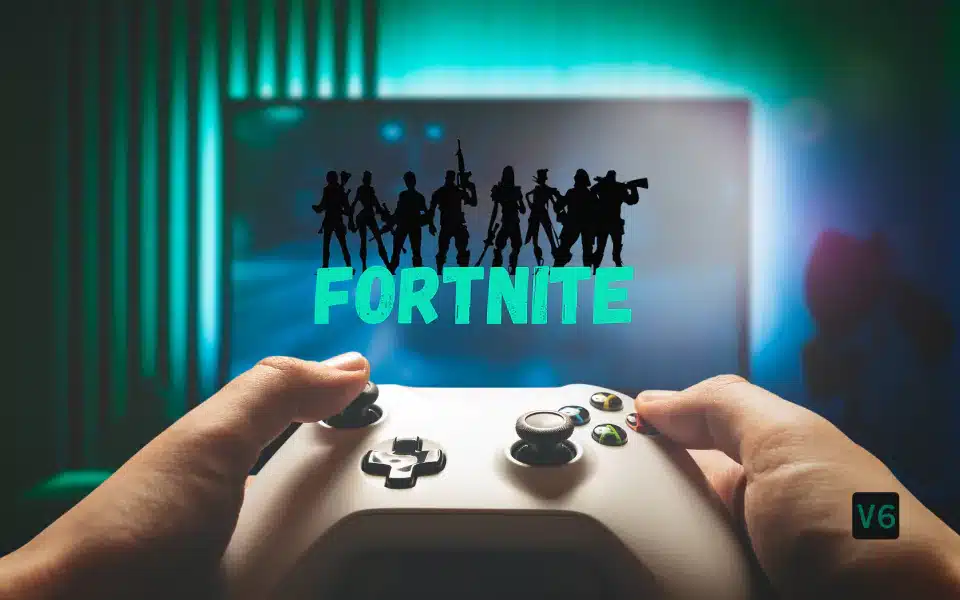 a person's hands holding a white gaming controller, engaging in gameplay focused on the game "Fortnite". The monitor in the background shows a silhouette of characters from "Fortnite", against a green and blue-lit backdrop, with the word "FORTNITE" prominently displayed in green. This visual setup suggests gameplay or strategies related to bypassing Fortnite bans