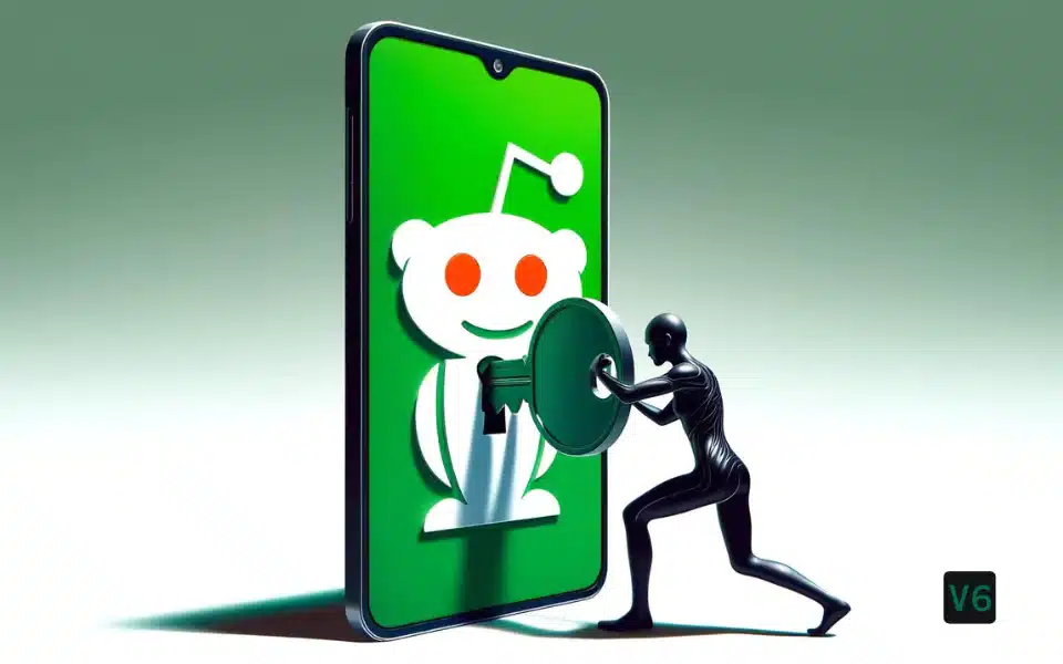 a conceptual illustration of unlocking Reddit with a green key. the reddit icon appears on a smart phone and a man puts a key in it to symbolize bypassing reddit ip bans
