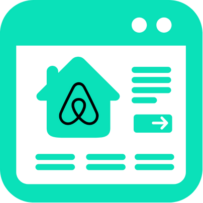 a simplified graphic of a real estate website interface on a teal background. At the top, there is an icon of a house with airbnb logo icon inside it